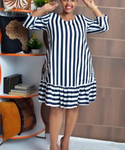 Striped Ruffle Hem Bardot Dress