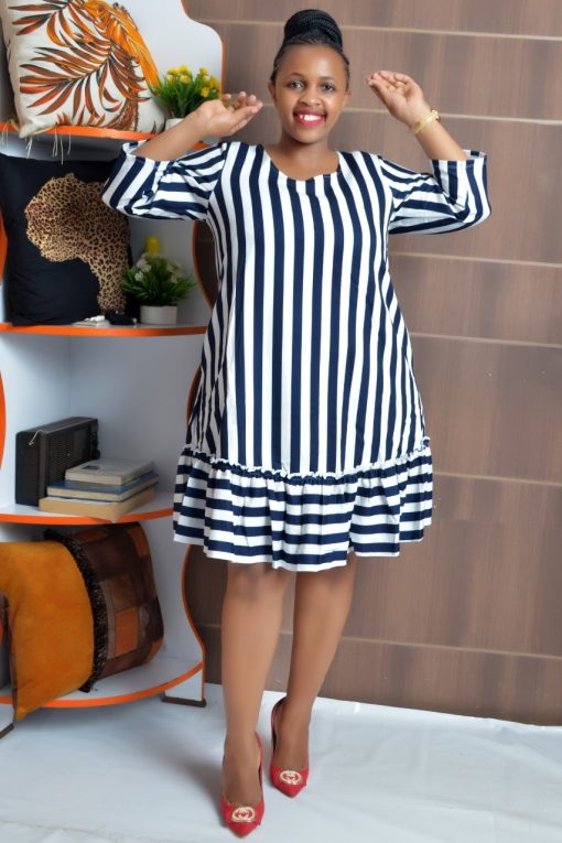 Striped Ruffle Hem Bardot Dress